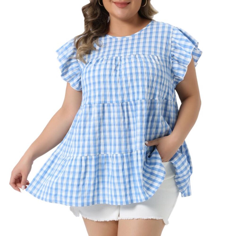 Women Plus Size Gingham Babydoll Blouse Summer Tops Blue